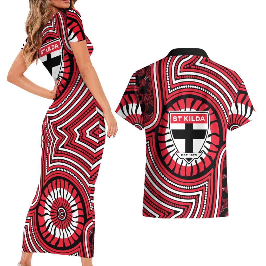 St Kilda Football Club Couples Matching Short Sleeve Bodycon Dress and Hawaiian Shirt Indigenous Monochrome Dot Art Mascot Style