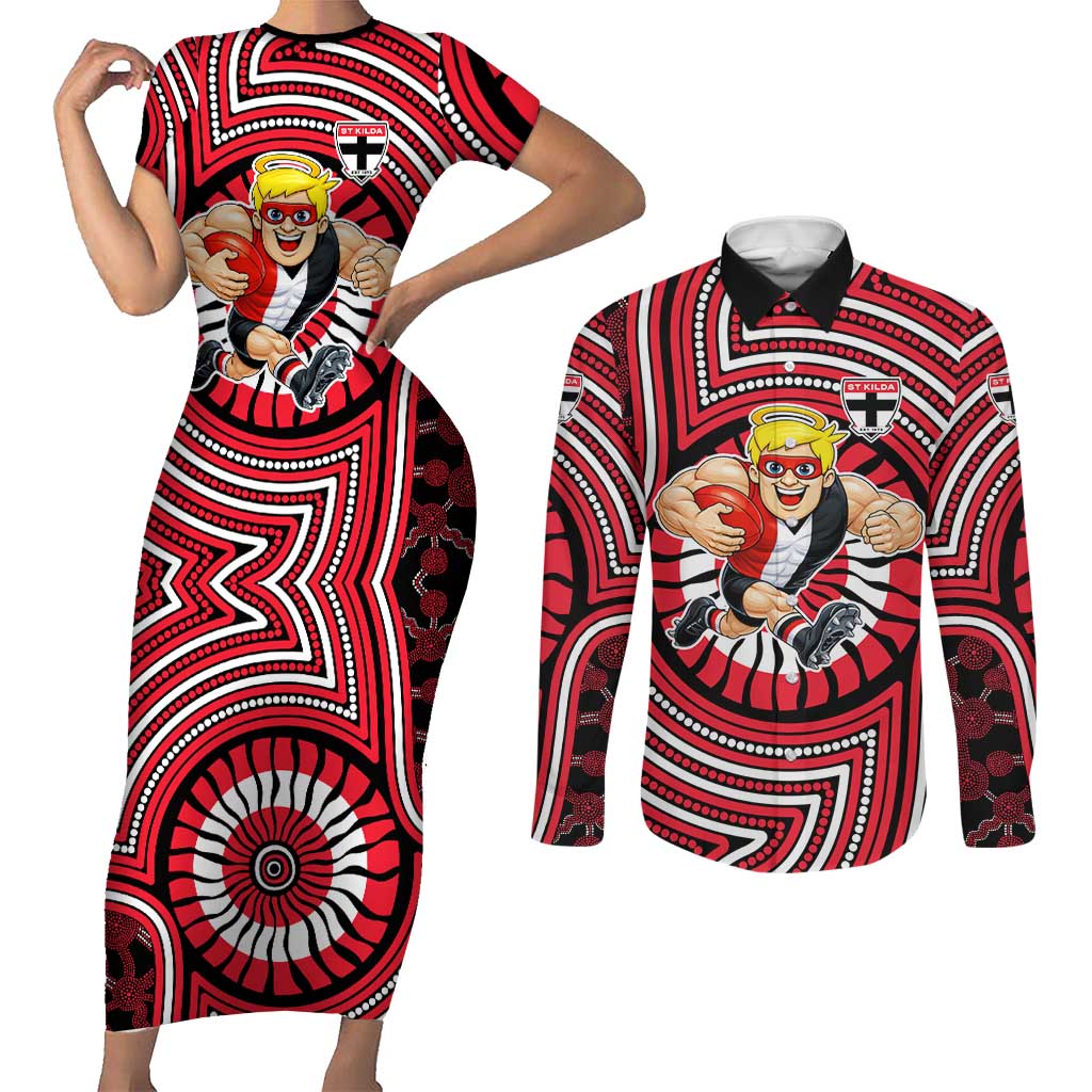 St Kilda Football Club Couples Matching Short Sleeve Bodycon Dress and Long Sleeve Button Shirt Indigenous Monochrome Dot Art Mascot Style