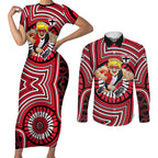 St Kilda Football Club Couples Matching Short Sleeve Bodycon Dress and Long Sleeve Button Shirt Indigenous Monochrome Dot Art Mascot Style