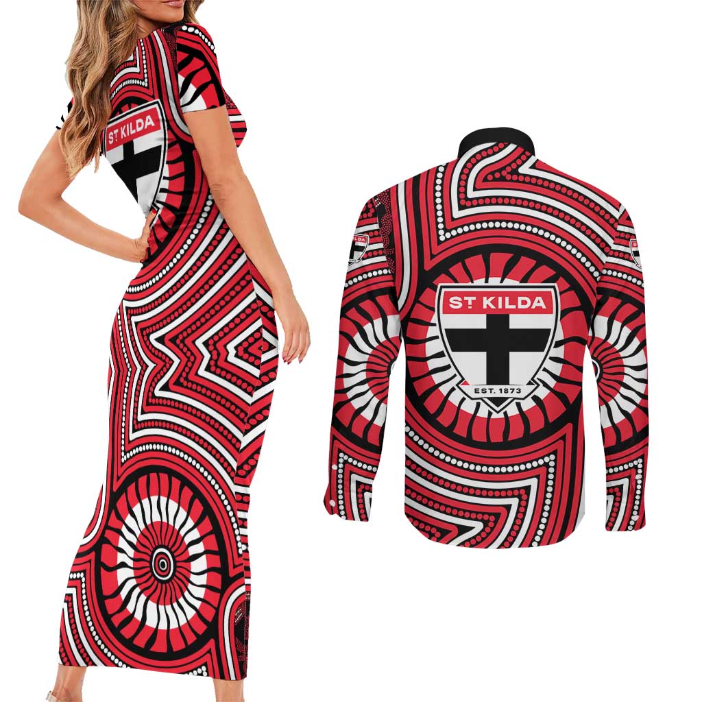 St Kilda Football Club Couples Matching Short Sleeve Bodycon Dress and Long Sleeve Button Shirt Indigenous Monochrome Dot Art Mascot Style