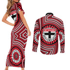 St Kilda Football Club Couples Matching Short Sleeve Bodycon Dress and Long Sleeve Button Shirt Indigenous Monochrome Dot Art Mascot Style