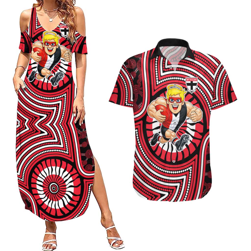 St Kilda Football Club Couples Matching Summer Maxi Dress and Hawaiian Shirt Indigenous Monochrome Dot Art Mascot Style
