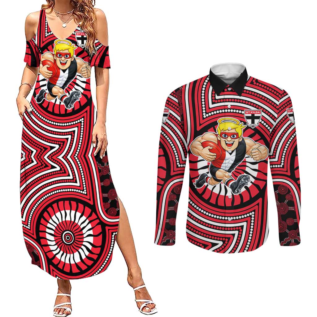 St Kilda Football Club Couples Matching Summer Maxi Dress and Long Sleeve Button Shirt Indigenous Monochrome Dot Art Mascot Style