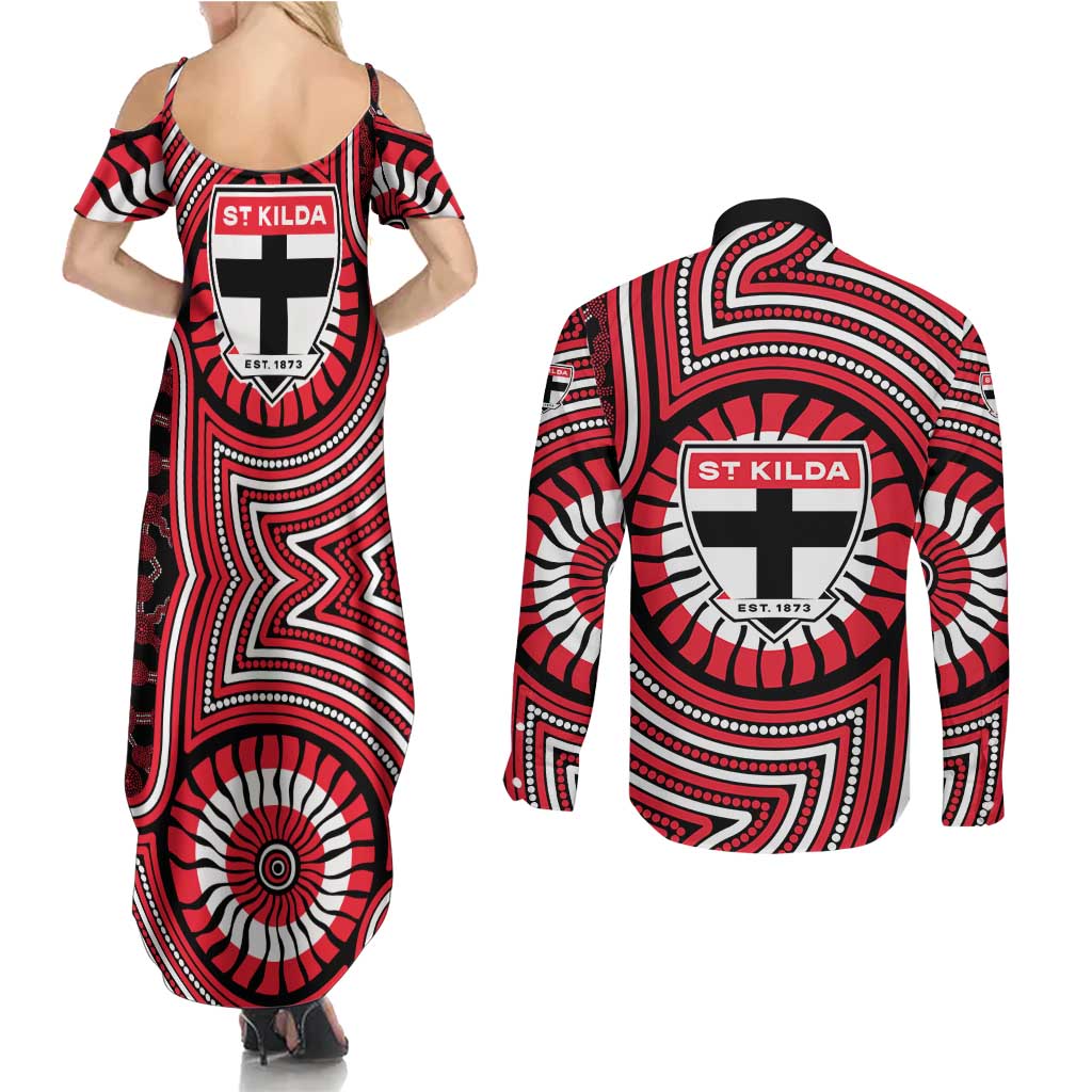 St Kilda Football Club Couples Matching Summer Maxi Dress and Long Sleeve Button Shirt Indigenous Monochrome Dot Art Mascot Style