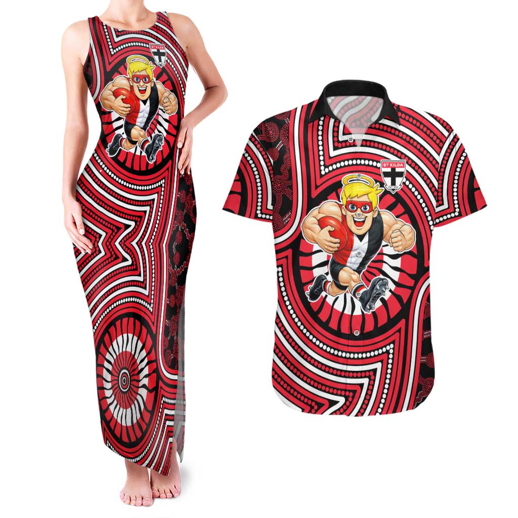 St Kilda Football Club Couples Matching Tank Maxi Dress and Hawaiian Shirt Indigenous Monochrome Dot Art Mascot Style