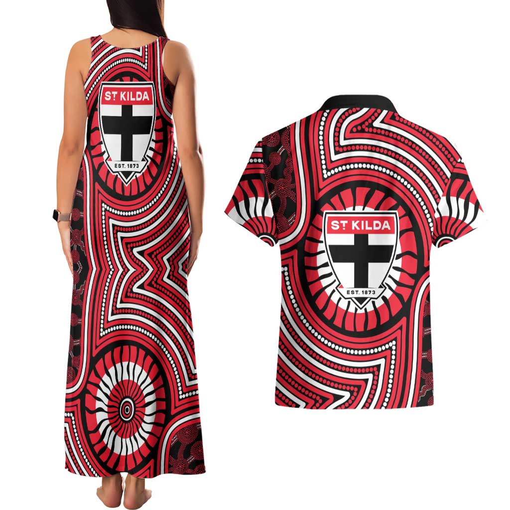 St Kilda Football Club Couples Matching Tank Maxi Dress and Hawaiian Shirt Indigenous Monochrome Dot Art Mascot Style