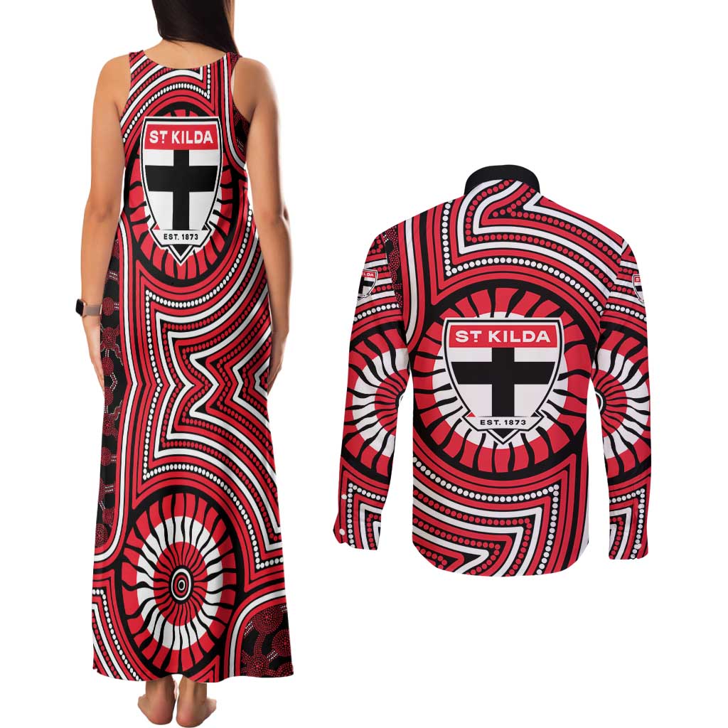 St Kilda Football Club Couples Matching Tank Maxi Dress and Long Sleeve Button Shirt Indigenous Monochrome Dot Art Mascot Style