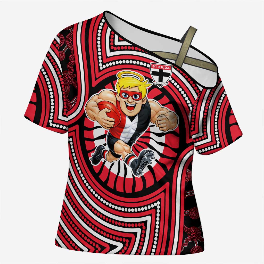 St Kilda Football Club Cross Shoulder Shirt Indigenous Monochrome Dot Art Mascot Style