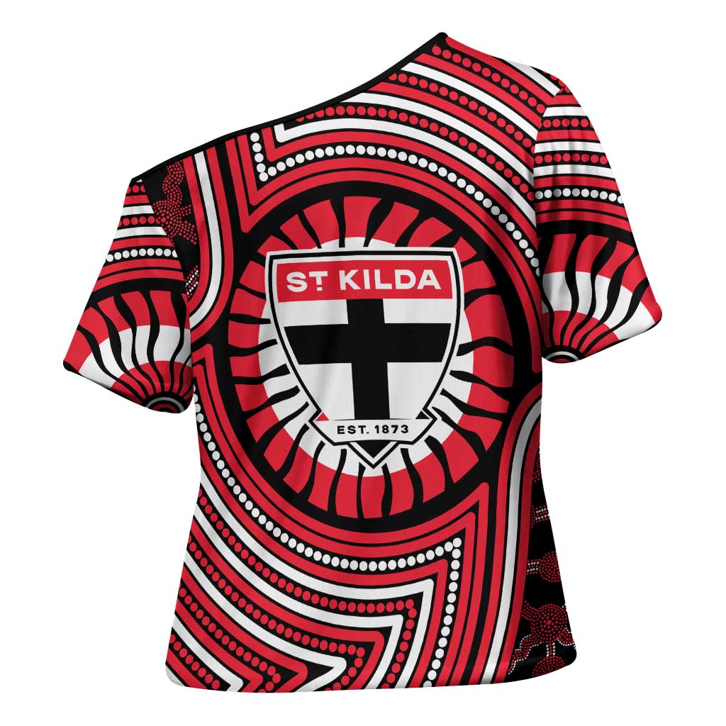 St Kilda Football Club Cross Shoulder Shirt Indigenous Monochrome Dot Art Mascot Style