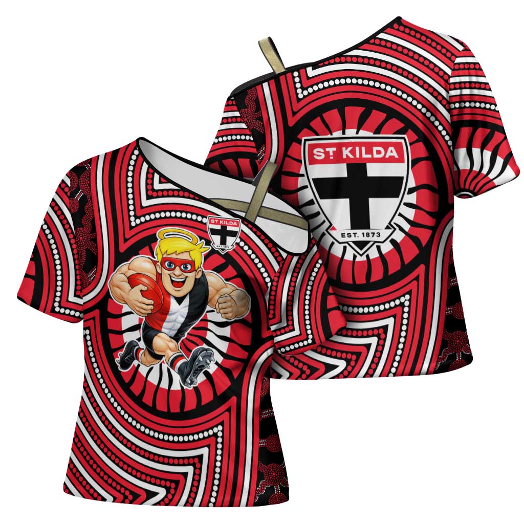 St Kilda Football Club Cross Shoulder Shirt Indigenous Monochrome Dot Art Mascot Style