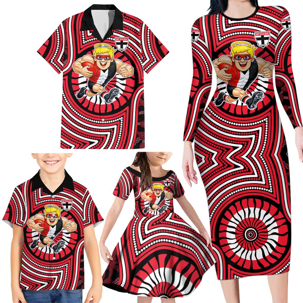St Kilda Football Club Family Matching Long Sleeve Bodycon Dress and Hawaiian Shirt Indigenous Monochrome Dot Art Mascot Style