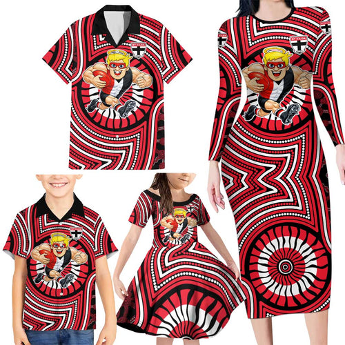 St Kilda Football Club Family Matching Long Sleeve Bodycon Dress and Hawaiian Shirt Indigenous Monochrome Dot Art Mascot Style