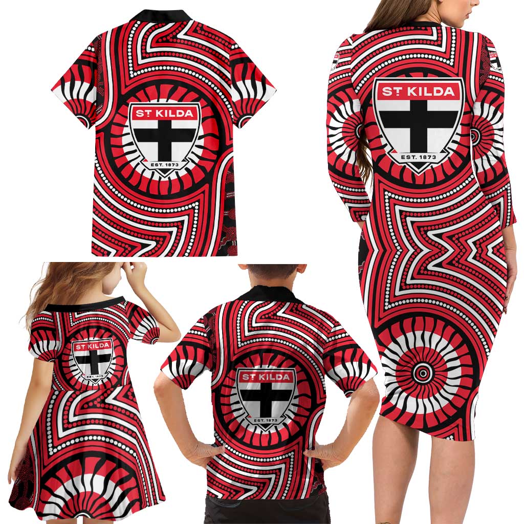 St Kilda Football Club Family Matching Long Sleeve Bodycon Dress and Hawaiian Shirt Indigenous Monochrome Dot Art Mascot Style