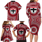 St Kilda Football Club Family Matching Long Sleeve Bodycon Dress and Hawaiian Shirt Indigenous Monochrome Dot Art Mascot Style