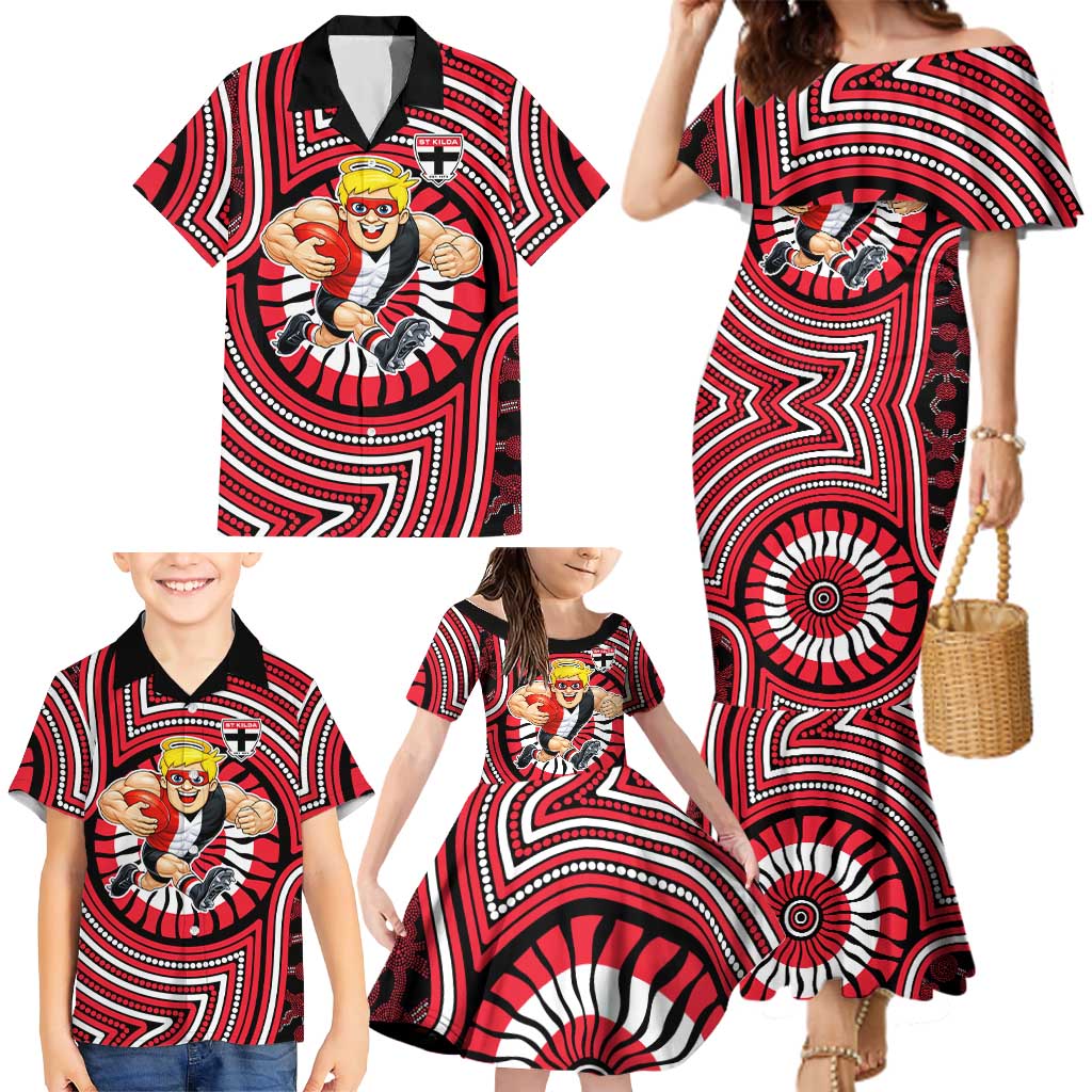 St Kilda Football Club Family Matching Mermaid Dress and Hawaiian Shirt Indigenous Monochrome Dot Art Mascot Style