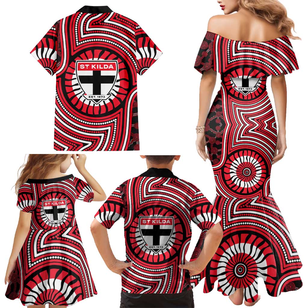 St Kilda Football Club Family Matching Mermaid Dress and Hawaiian Shirt Indigenous Monochrome Dot Art Mascot Style