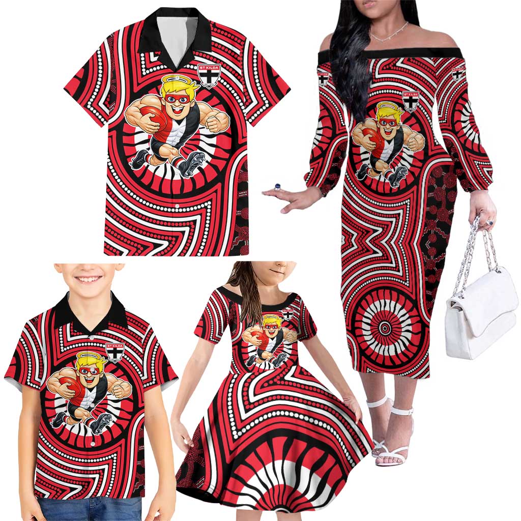 St Kilda Football Club Family Matching Off The Shoulder Long Sleeve Dress and Hawaiian Shirt Indigenous Monochrome Dot Art Mascot Style
