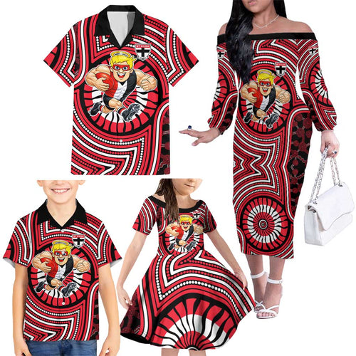 St Kilda Football Club Family Matching Off The Shoulder Long Sleeve Dress and Hawaiian Shirt Indigenous Monochrome Dot Art Mascot Style