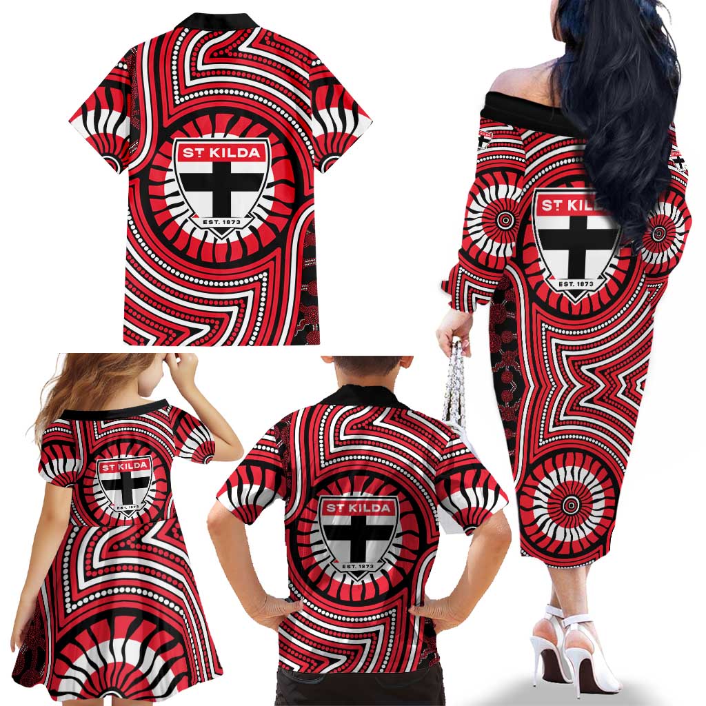 St Kilda Football Club Family Matching Off The Shoulder Long Sleeve Dress and Hawaiian Shirt Indigenous Monochrome Dot Art Mascot Style