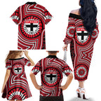 St Kilda Football Club Family Matching Off The Shoulder Long Sleeve Dress and Hawaiian Shirt Indigenous Monochrome Dot Art Mascot Style