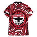 St Kilda Football Club Family Matching Off The Shoulder Long Sleeve Dress and Hawaiian Shirt Indigenous Monochrome Dot Art Mascot Style