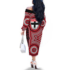 St Kilda Football Club Family Matching Off The Shoulder Long Sleeve Dress and Hawaiian Shirt Indigenous Monochrome Dot Art Mascot Style