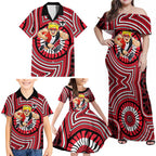 St Kilda Football Club Family Matching Off Shoulder Maxi Dress and Hawaiian Shirt Indigenous Monochrome Dot Art Mascot Style