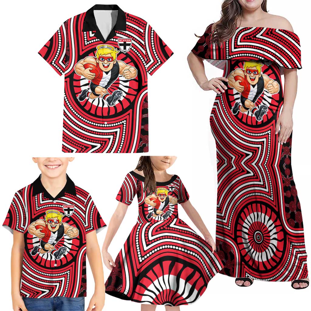 St Kilda Football Club Family Matching Off Shoulder Maxi Dress and Hawaiian Shirt Indigenous Monochrome Dot Art Mascot Style