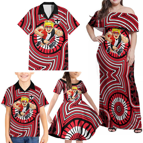 St Kilda Football Club Family Matching Off Shoulder Maxi Dress and Hawaiian Shirt Indigenous Monochrome Dot Art Mascot Style