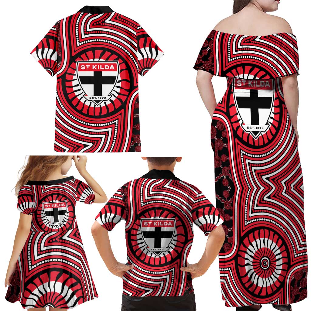 St Kilda Football Club Family Matching Off Shoulder Maxi Dress and Hawaiian Shirt Indigenous Monochrome Dot Art Mascot Style