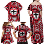 St Kilda Football Club Family Matching Off Shoulder Maxi Dress and Hawaiian Shirt Indigenous Monochrome Dot Art Mascot Style