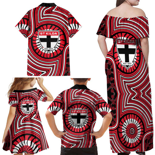 St Kilda Football Club Family Matching Off Shoulder Maxi Dress and Hawaiian Shirt Indigenous Monochrome Dot Art Mascot Style