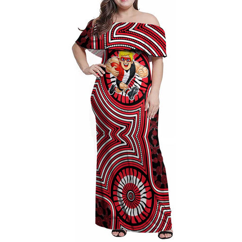 St Kilda Football Club Family Matching Off Shoulder Maxi Dress and Hawaiian Shirt Indigenous Monochrome Dot Art Mascot Style