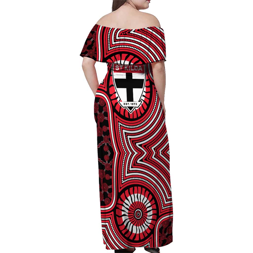St Kilda Football Club Family Matching Off Shoulder Maxi Dress and Hawaiian Shirt Indigenous Monochrome Dot Art Mascot Style