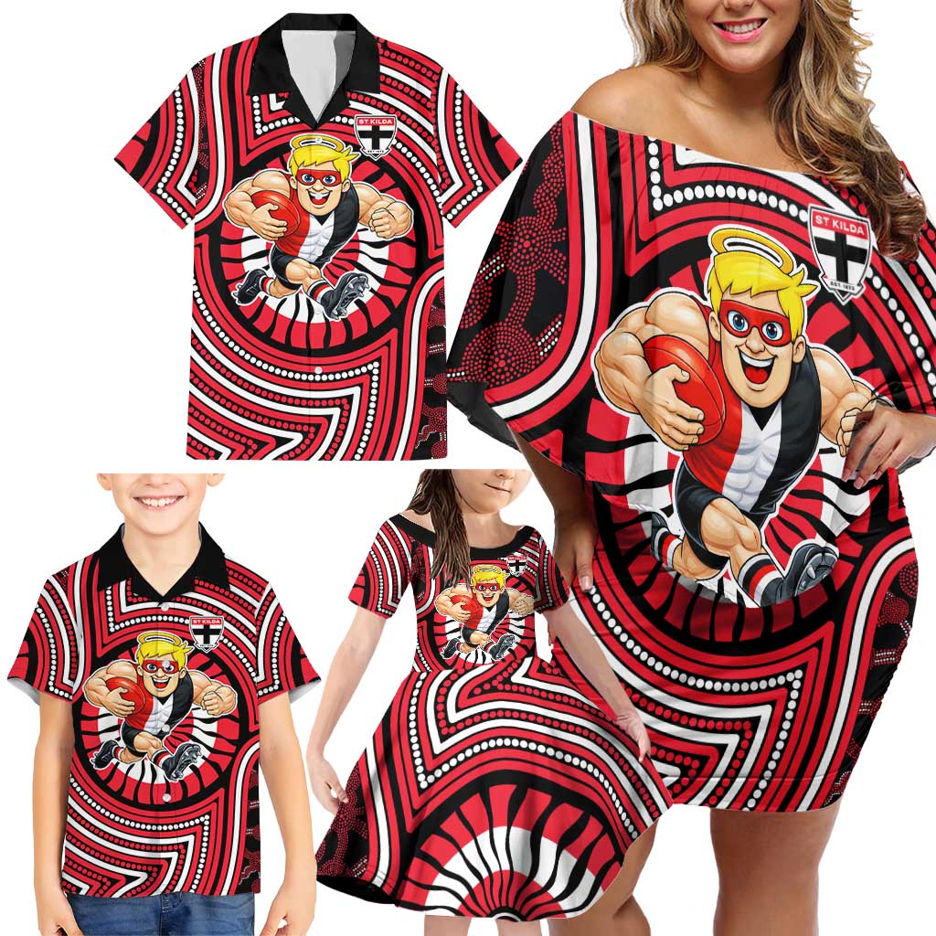 St Kilda Football Club Family Matching Off Shoulder Short Dress and Hawaiian Shirt Indigenous Monochrome Dot Art Mascot Style