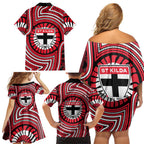 St Kilda Football Club Family Matching Off Shoulder Short Dress and Hawaiian Shirt Indigenous Monochrome Dot Art Mascot Style