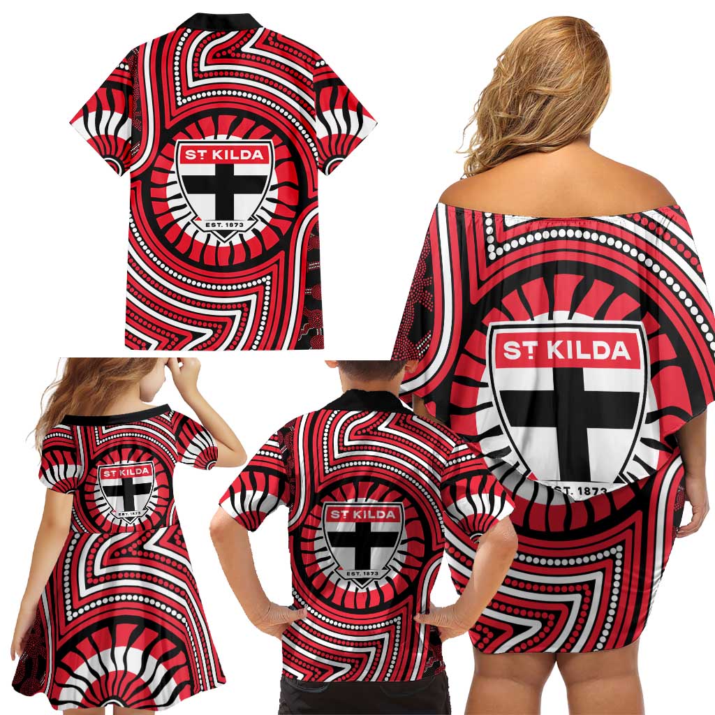 St Kilda Football Club Family Matching Off Shoulder Short Dress and Hawaiian Shirt Indigenous Monochrome Dot Art Mascot Style