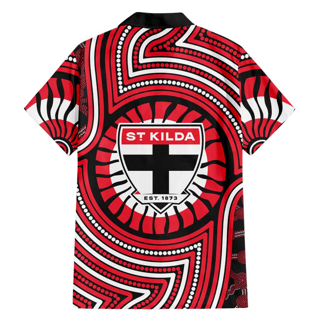 St Kilda Football Club Family Matching Off Shoulder Short Dress and Hawaiian Shirt Indigenous Monochrome Dot Art Mascot Style