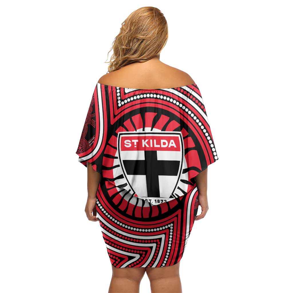St Kilda Football Club Family Matching Off Shoulder Short Dress and Hawaiian Shirt Indigenous Monochrome Dot Art Mascot Style
