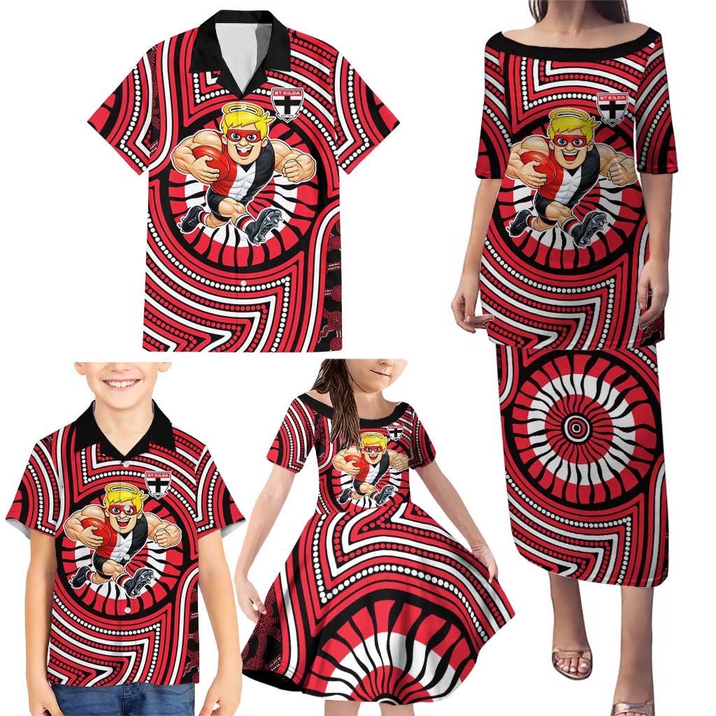 St Kilda Football Club Family Matching Puletasi and Hawaiian Shirt Indigenous Monochrome Dot Art Mascot Style