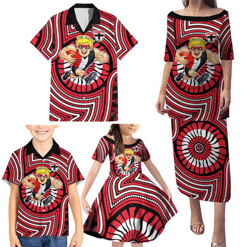 St Kilda Football Club Family Matching Puletasi and Hawaiian Shirt Indigenous Monochrome Dot Art Mascot Style
