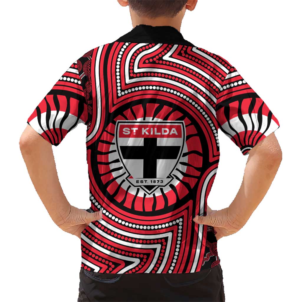 St Kilda Football Club Family Matching Puletasi and Hawaiian Shirt Indigenous Monochrome Dot Art Mascot Style