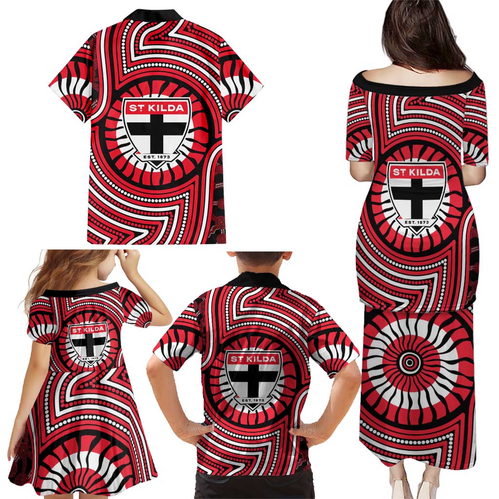 St Kilda Football Club Family Matching Puletasi and Hawaiian Shirt Indigenous Monochrome Dot Art Mascot Style