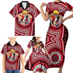 St Kilda Football Club Family Matching Short Sleeve Bodycon Dress and Hawaiian Shirt Indigenous Monochrome Dot Art Mascot Style