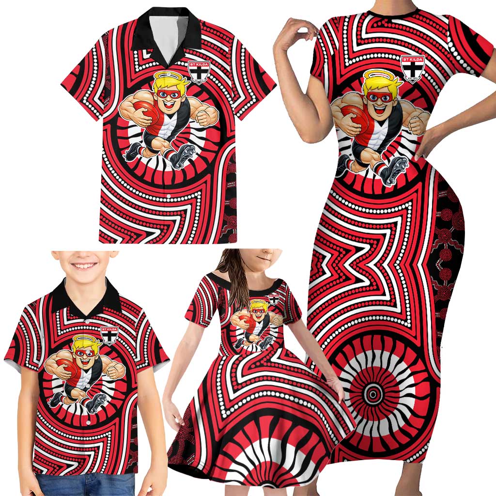 St Kilda Football Club Family Matching Short Sleeve Bodycon Dress and Hawaiian Shirt Indigenous Monochrome Dot Art Mascot Style
