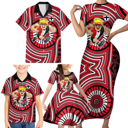 St Kilda Football Club Family Matching Short Sleeve Bodycon Dress and Hawaiian Shirt Indigenous Monochrome Dot Art Mascot Style