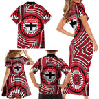 St Kilda Football Club Family Matching Short Sleeve Bodycon Dress and Hawaiian Shirt Indigenous Monochrome Dot Art Mascot Style
