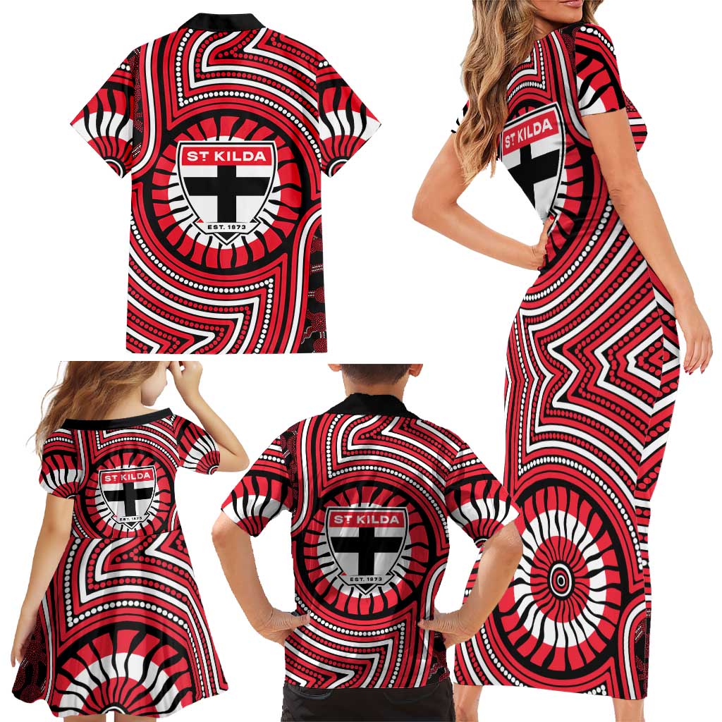 St Kilda Football Club Family Matching Short Sleeve Bodycon Dress and Hawaiian Shirt Indigenous Monochrome Dot Art Mascot Style