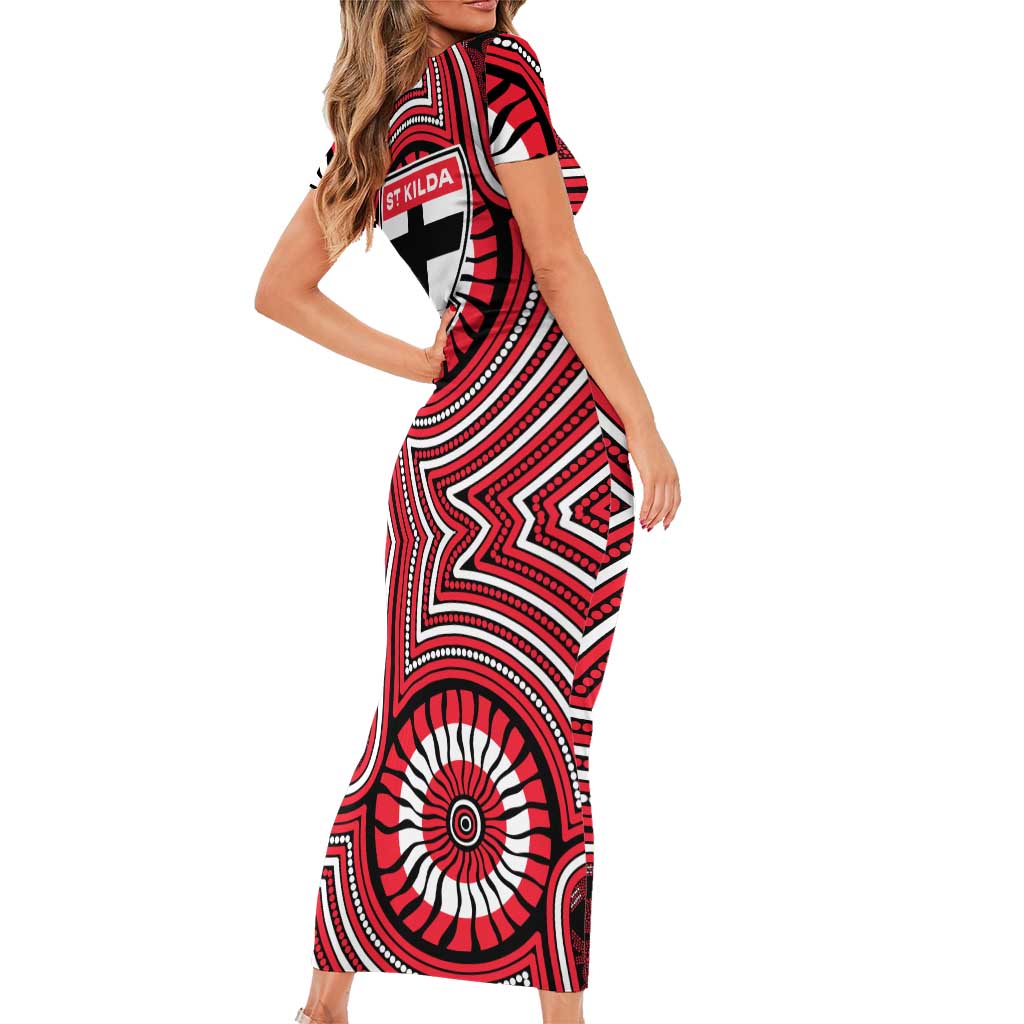 St Kilda Football Club Family Matching Short Sleeve Bodycon Dress and Hawaiian Shirt Indigenous Monochrome Dot Art Mascot Style