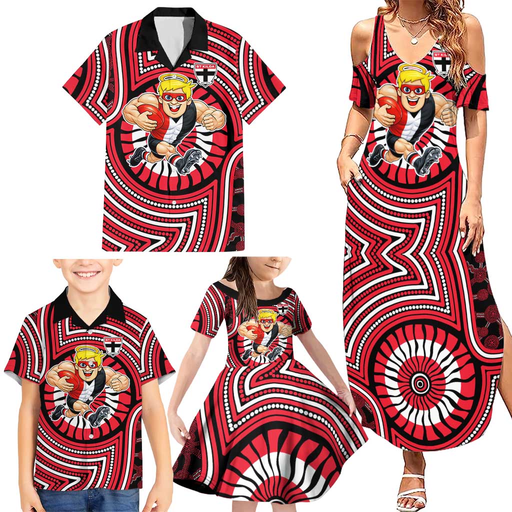 St Kilda Football Club Family Matching Summer Maxi Dress and Hawaiian Shirt Indigenous Monochrome Dot Art Mascot Style